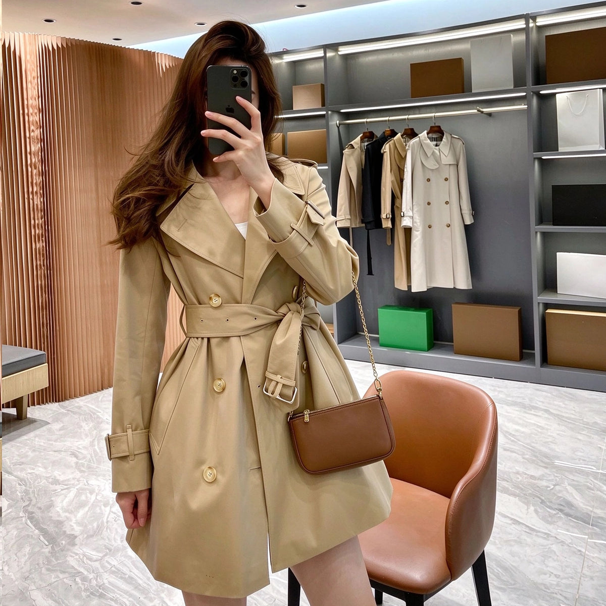 Women's Metal Button Cotton Blend Trench Coat Mid-Length - Khaki