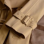 Women's long gabardine fabric trench coat with plaid lapel - Caramel