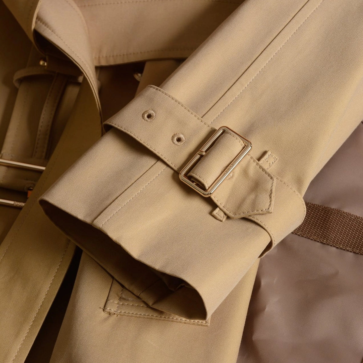 Women's long gabardine fabric trench coat with plaid lapel - Caramel