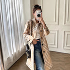 Women's Mid-Length Lightweight Reversible Plaid Trench Coat - Loose Casual Windbreaker in Khaki
