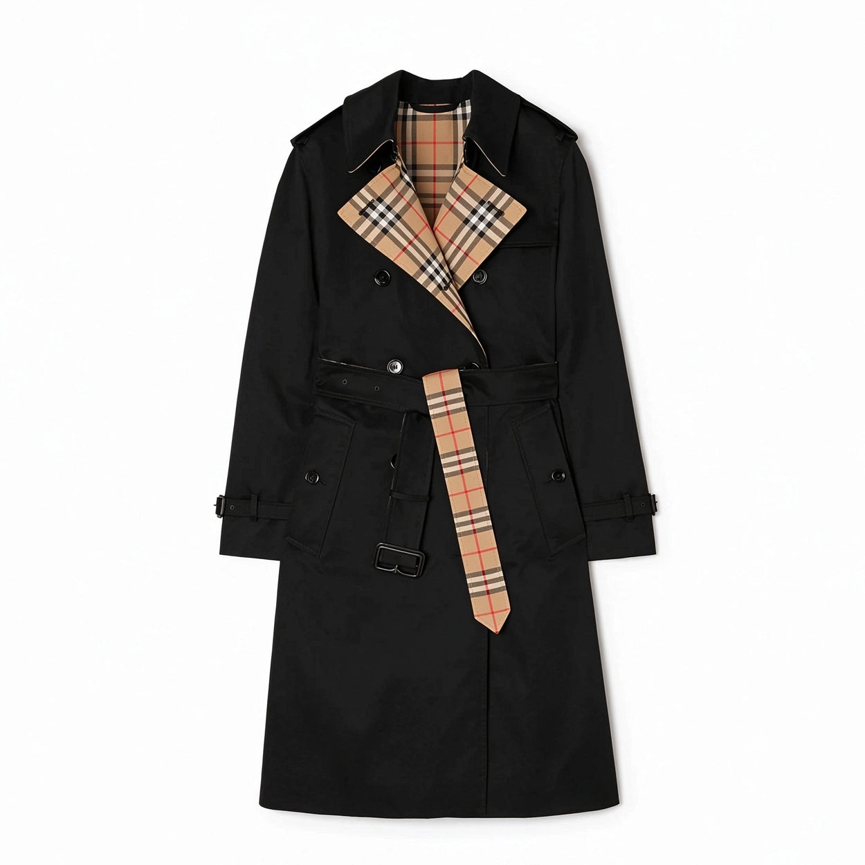 British-style long gabardine trench coat, classic fitted trench jacket - Khaki, black