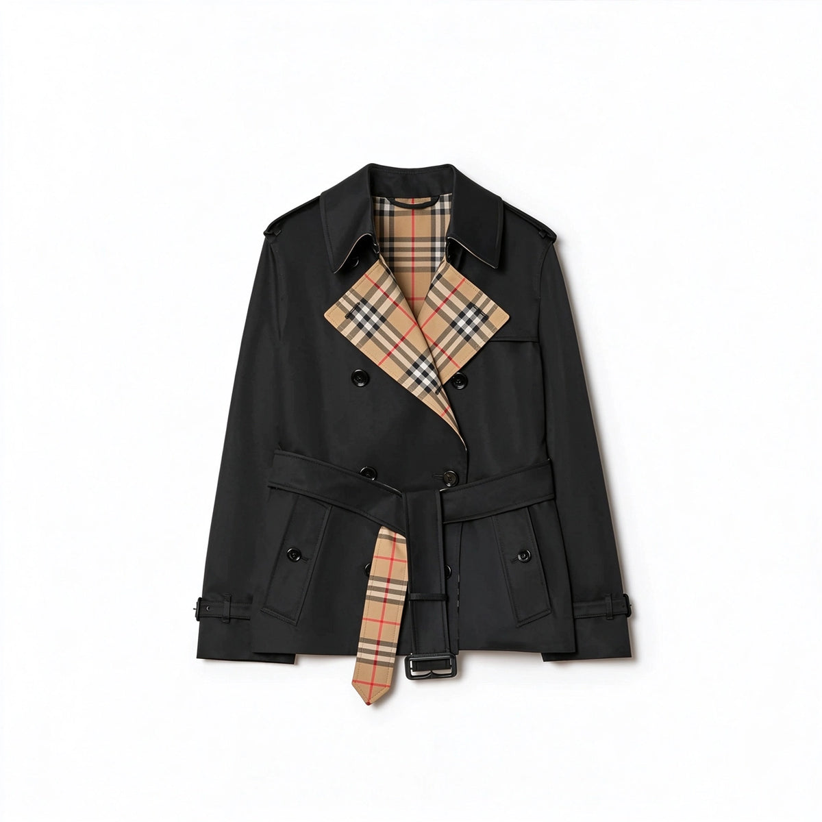 Short Gabardine Trench Coat, Waist-Defined Waterproof Jacket - Khaki, Black