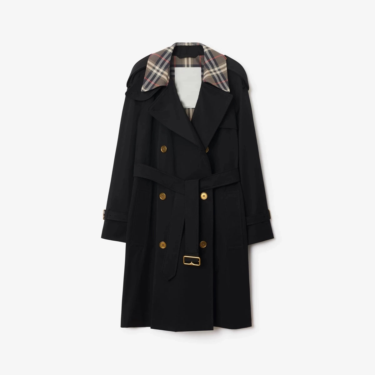 Women's Long Plaid Collar Windbreaker Coat - Khaki, Black