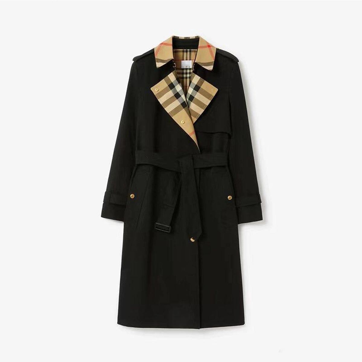 Women's large check collar cotton blend trench long coat