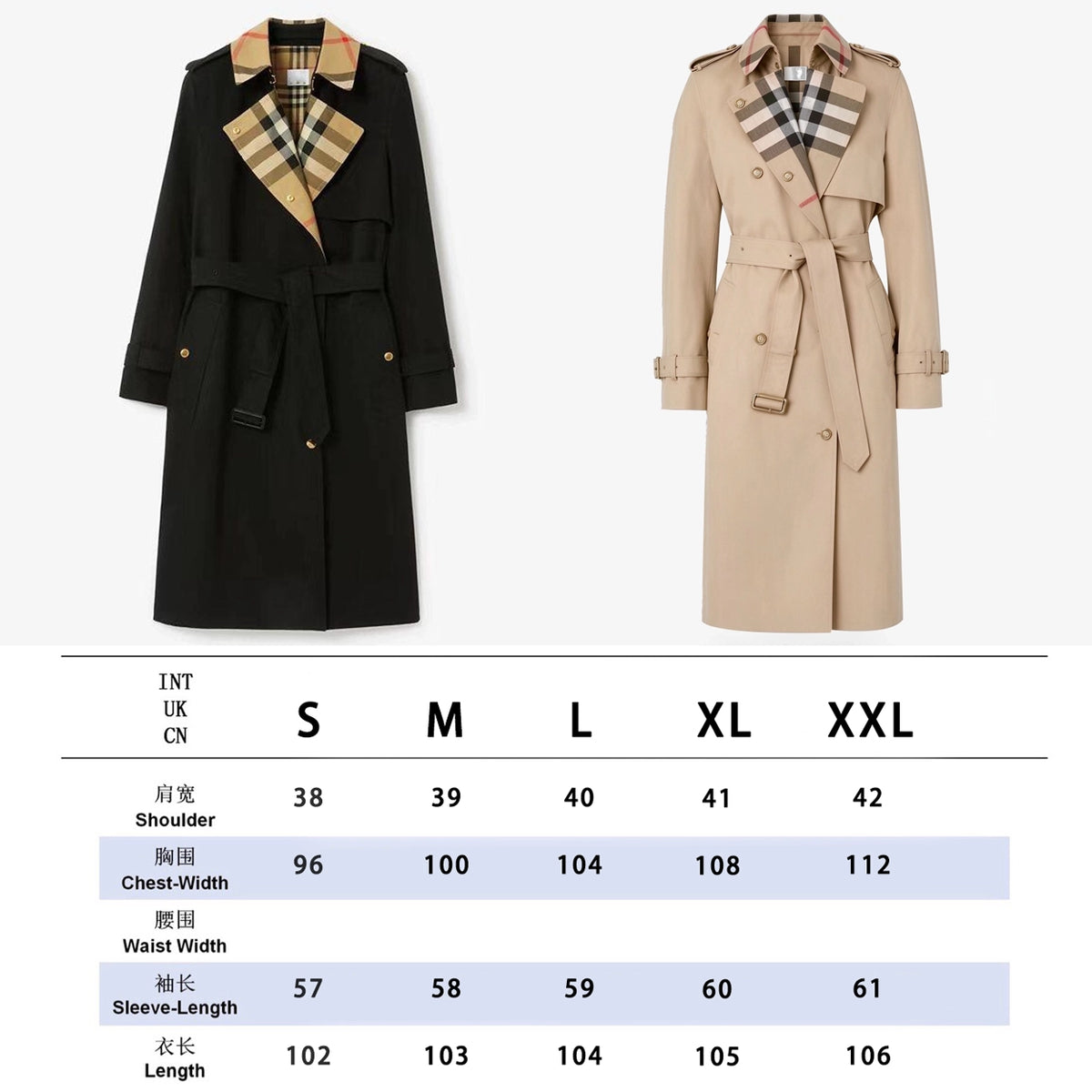 Women's large check collar cotton blend trench long coat