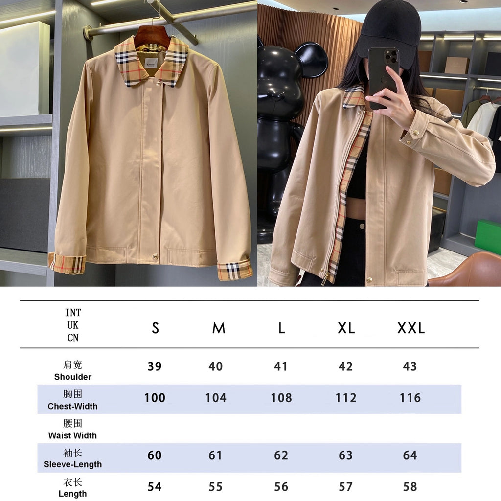Women's Checkered Collar Short Windbreaker - Khaki