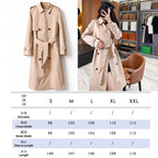 Women's Long Gabardine Trench Coat Double-Breasted Raglan Sleeve Belted Windbreaker - Khaki