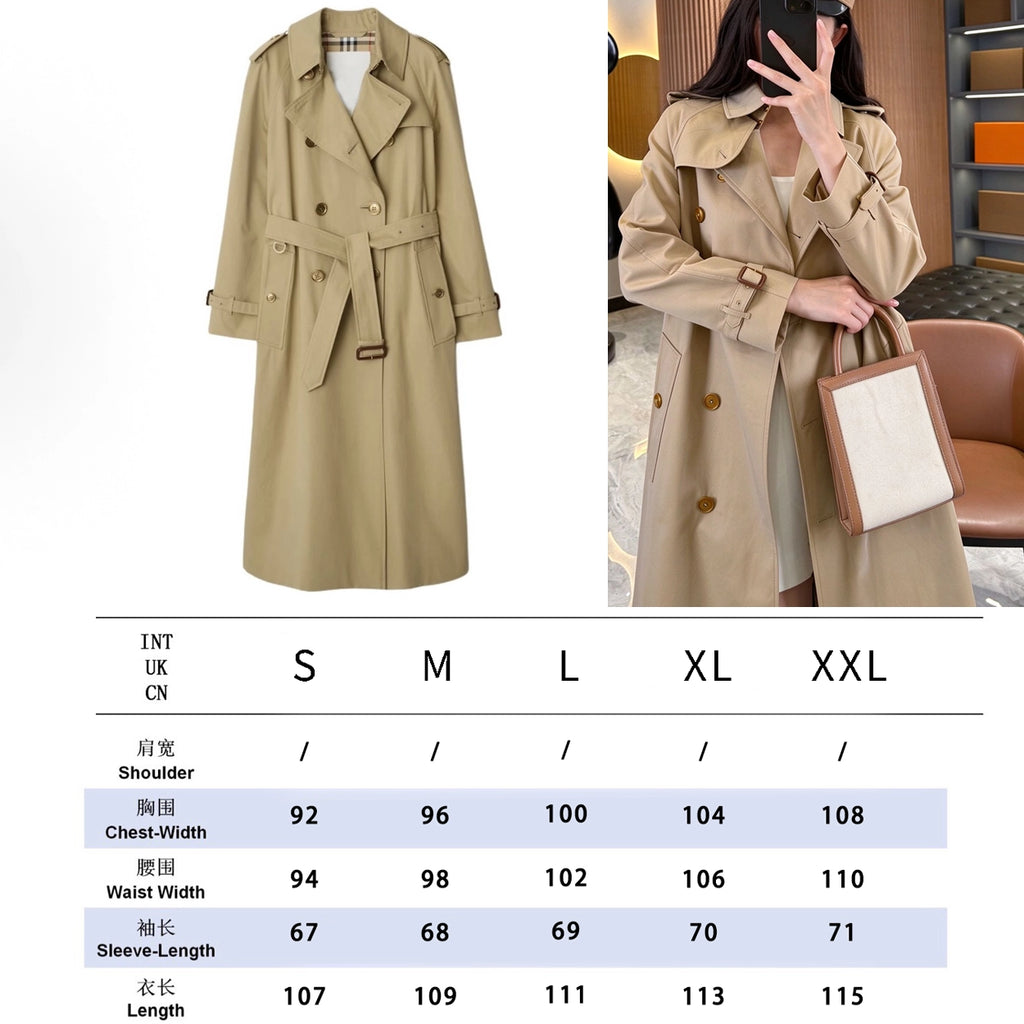 Women's Trench Coat with Metal Buttons, Double-Breasted, Belted - Khaki
