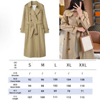Women's Trench Coat with Metal Buttons, Double-Breasted, Belted - Khaki