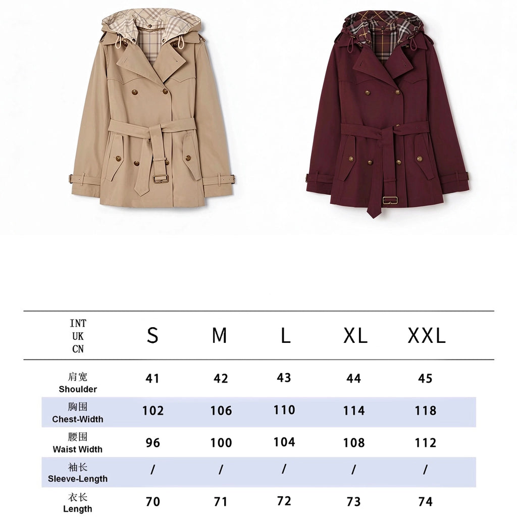 Short, lightweight gabardine trench coat with detachable hood – Salt Marsh Beige, Vineyard Red