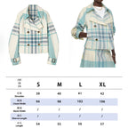 Waist-length short double-breasted blue-green plaid patchwork trench coat, women's fitted jacket - Tide Blue