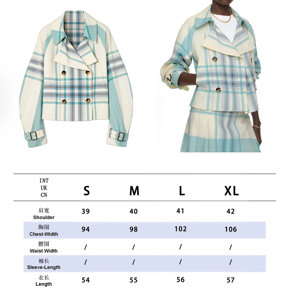 Waist-length short double-breasted blue-green plaid patchwork trench coat, women's fitted jacket - Tide Blue