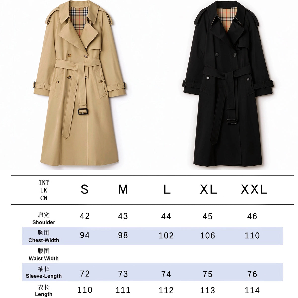 Women's Long Gabardine Lightweight Windproof Coat - Khaki, Black