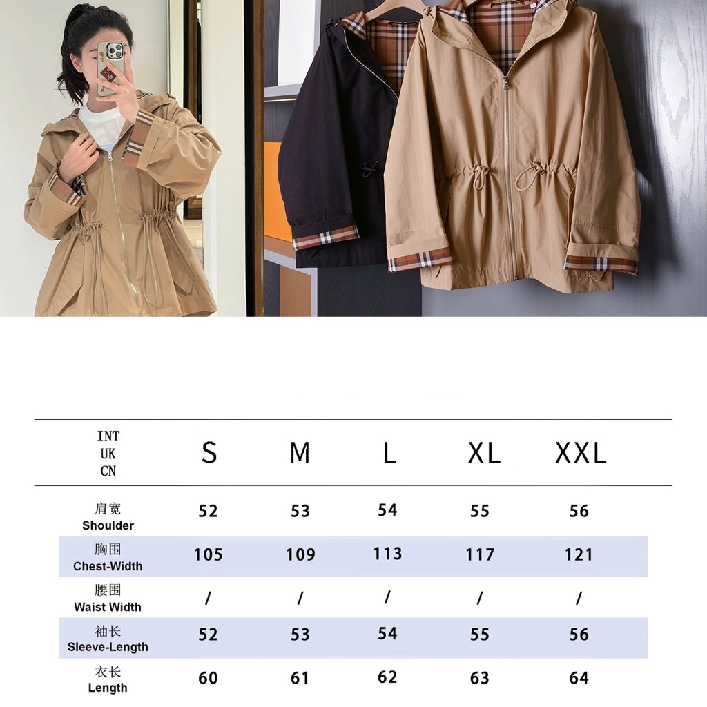 Hooded zip-up jacket, waist-cinched mid-length trench coat