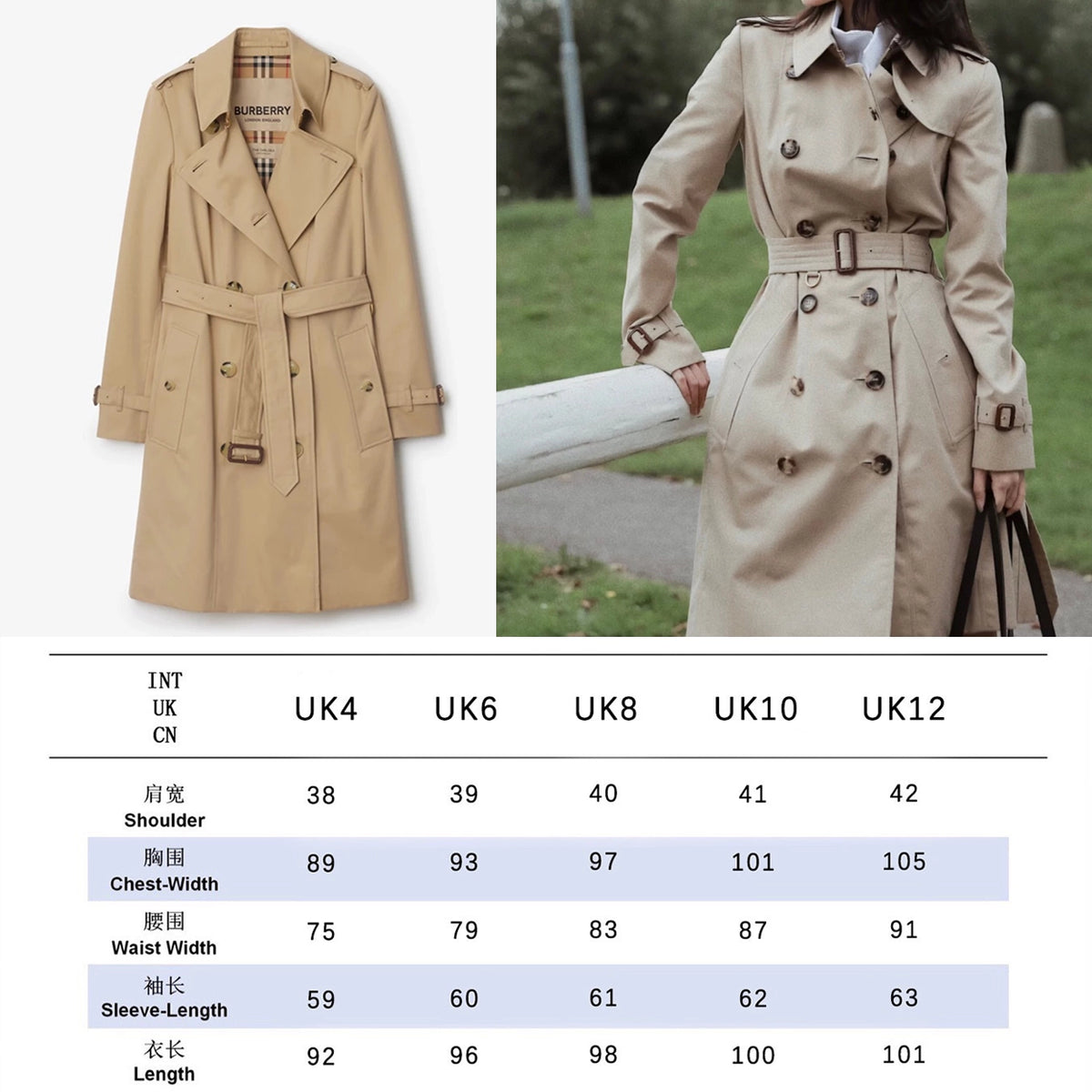 Women's mid-length gabardine double-breasted windproof trench coat