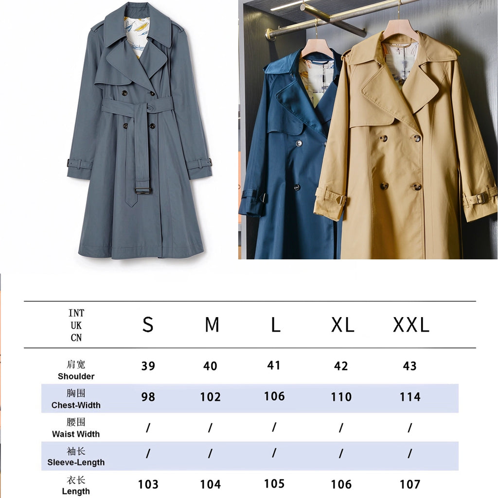 Long lightweight gabardine trench coat with belt, windproof jacket - Sailor Blue, Khaki