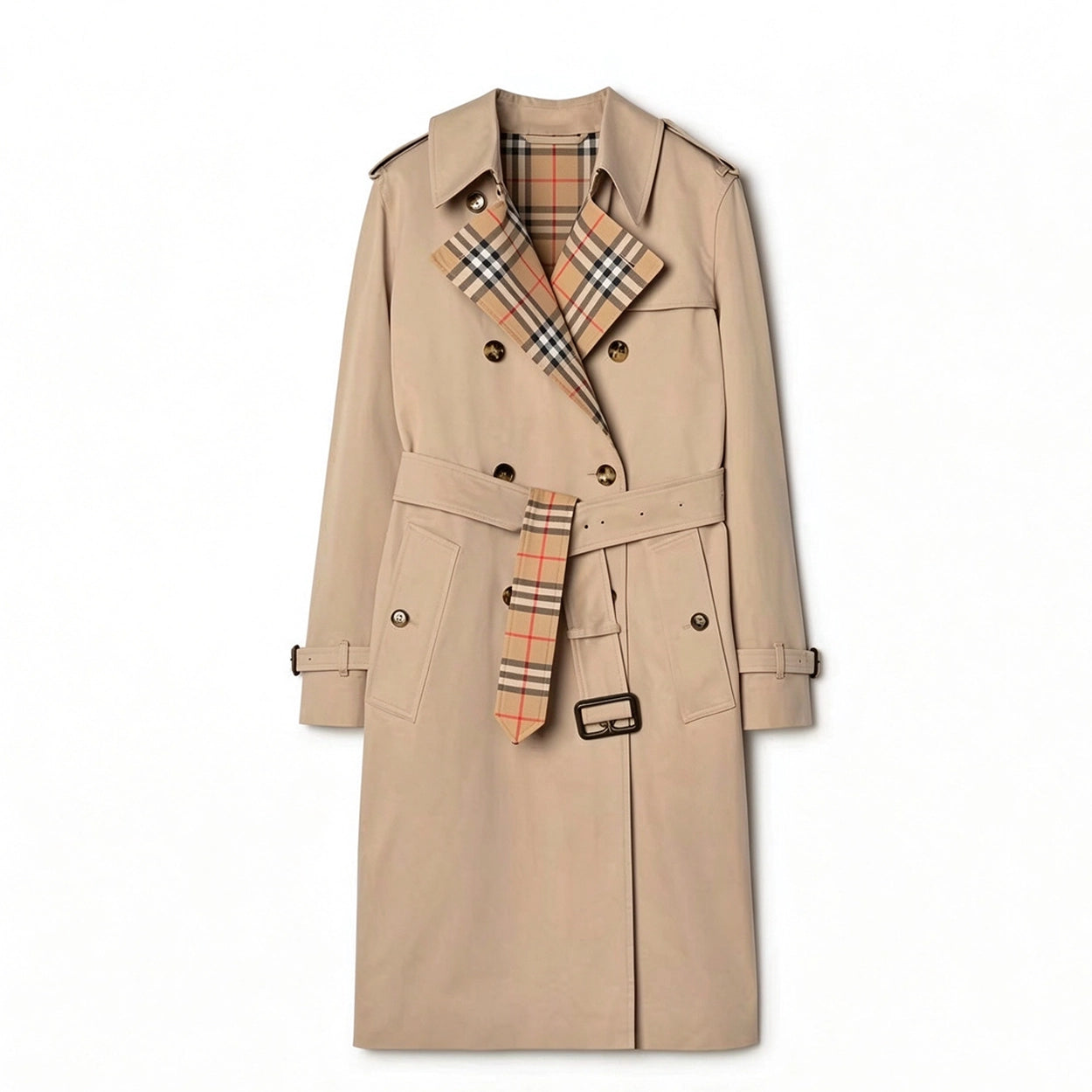 British-style long gabardine trench coat, classic fitted trench jacket - Khaki, black