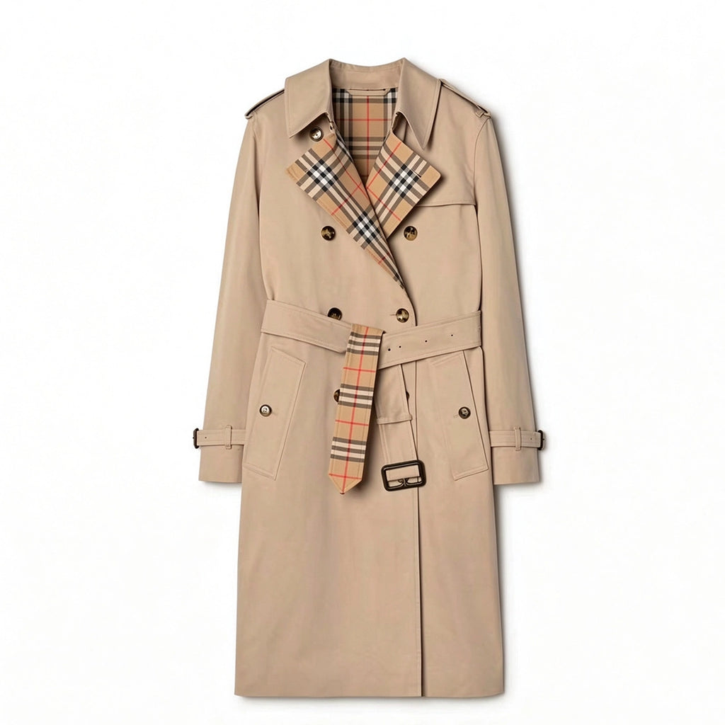 British-style long gabardine trench coat, classic fitted trench jacket - Khaki, black