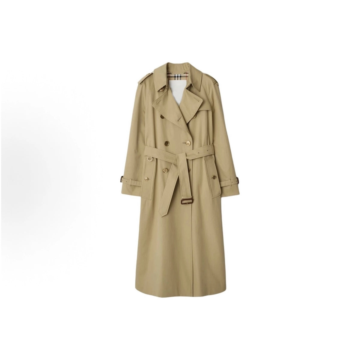 Women's Trench Coat with Metal Buttons, Double-Breasted, Belted - Khaki