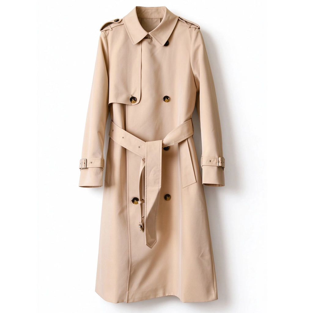Women's Long Gabardine Trench Coat Double-Breasted Raglan Sleeve Belted Windbreaker - Khaki