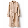 Women's Long Gabardine Trench Coat Double-Breasted Raglan Sleeve Belted Windbreaker - Khaki