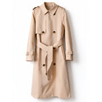 Women's Long Gabardine Trench Coat Double-Breasted Raglan Sleeve Belted Windbreaker - Khaki