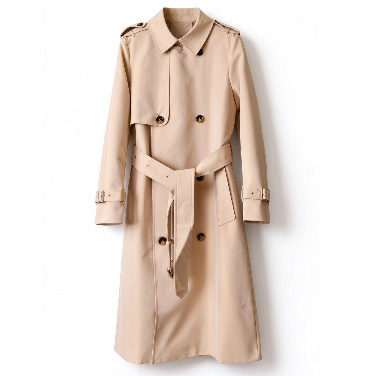 Women's Long Gabardine Trench Coat Double-Breasted Raglan Sleeve Belted Windbreaker - Khaki