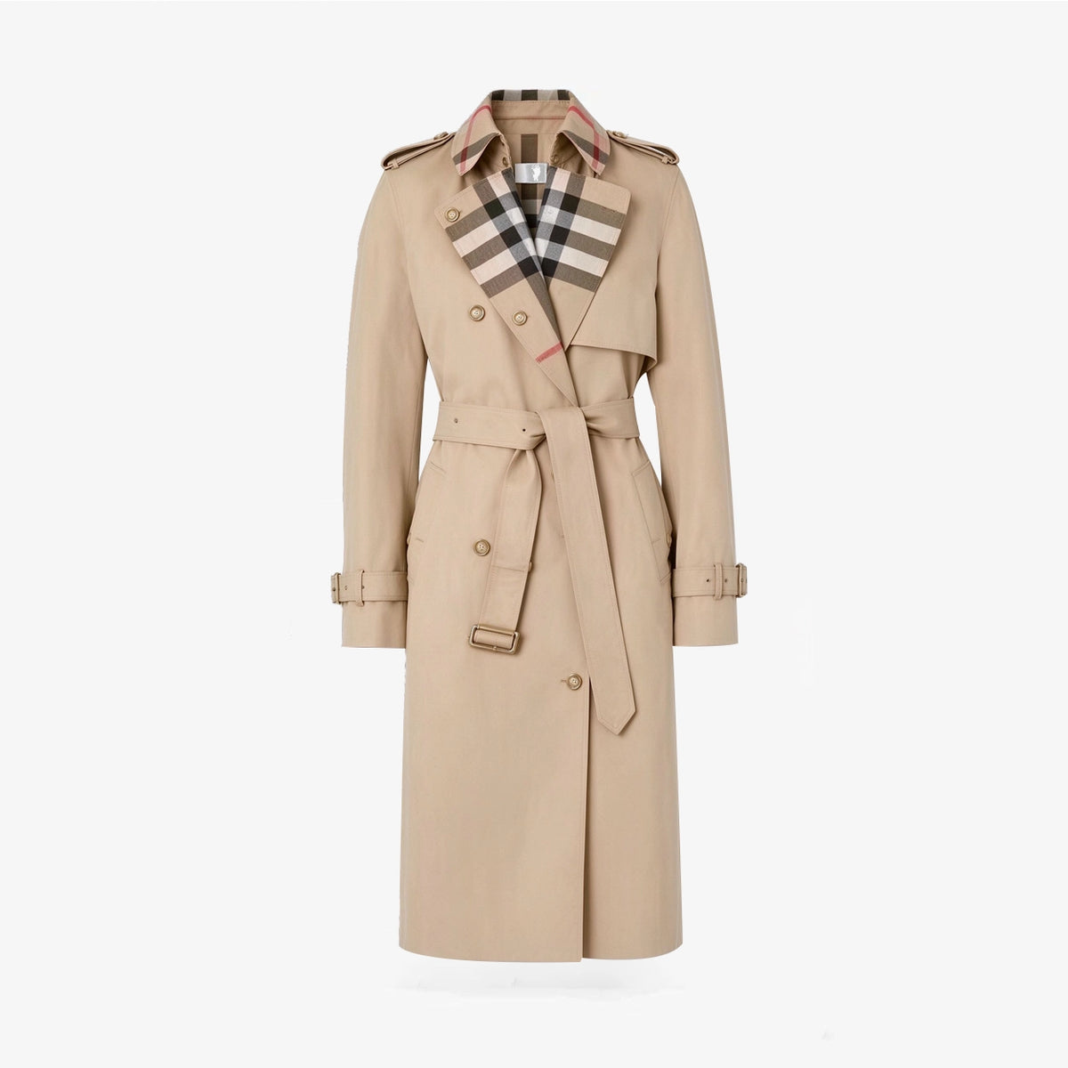 Women's large check collar cotton blend trench long coat