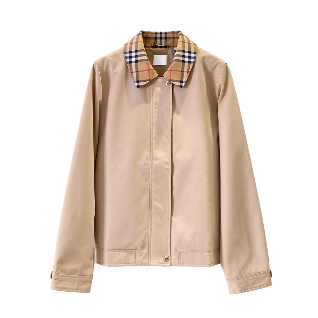 Women's Checkered Collar Short Windbreaker - Khaki