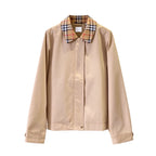 Women's Checkered Collar Short Windbreaker - Khaki