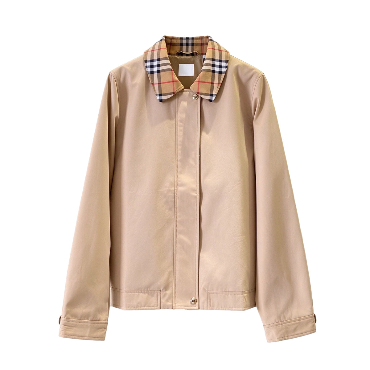 Women's Checkered Collar Short Windbreaker - Khaki