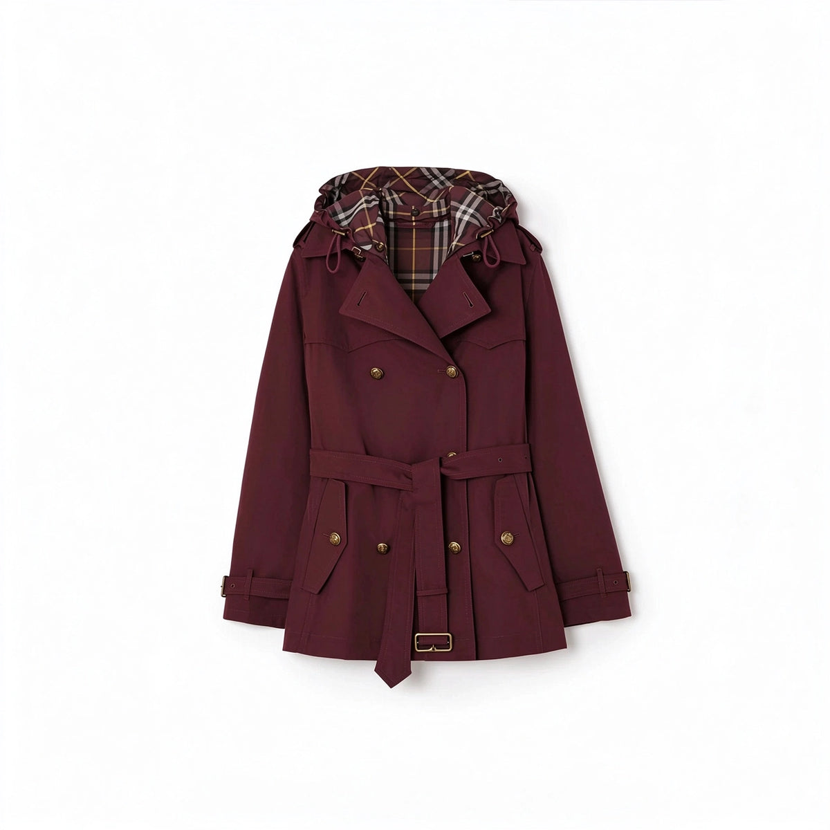 Short, lightweight gabardine trench coat with detachable hood – Salt Marsh Beige, Vineyard Red